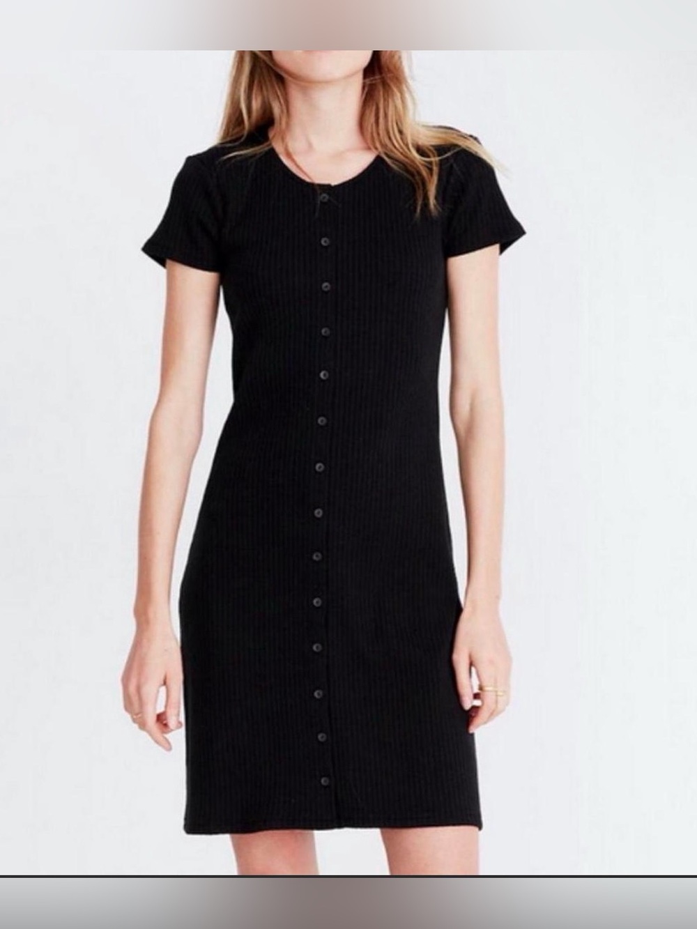 Madewell Black Ribbed Button-Front Short Sleeve Mini Dress
